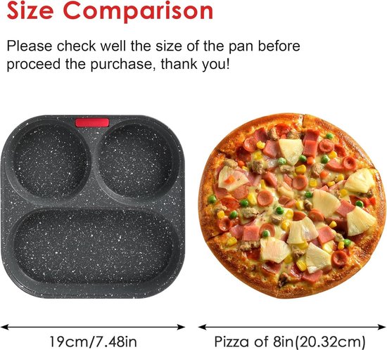 Vergelijking van de maat van de pan met 3 vakken (19cm) met een pizza van 8 inch.