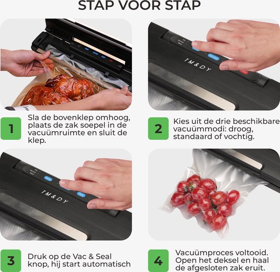 Draagbare vacuümmachine voor levensmiddelen, opladen via USB, met 10 herbruikbare vacuümzakken, compact en draagbaar, vacuümverpakker voor droge of vochtige levensmiddelen, klein