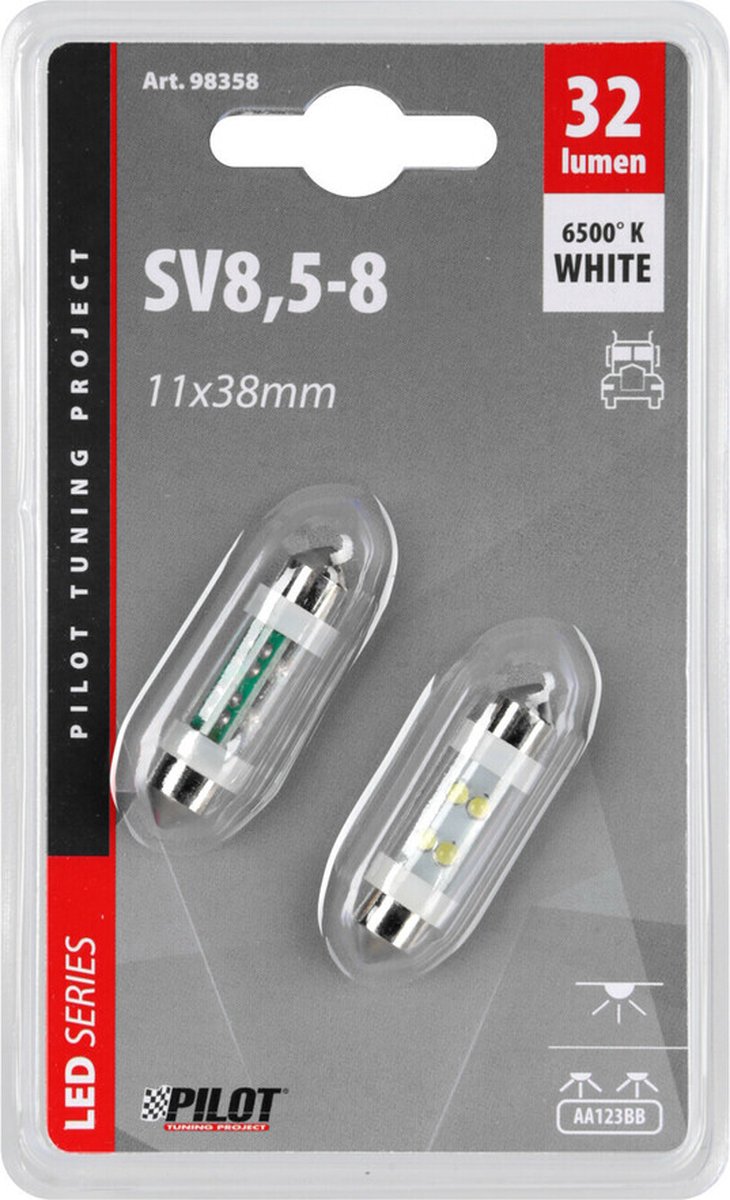 24V Led Serie – 4 Led – 11×38 mm – SV8,5-8 – 2 st – Box – Wit | Voor binnenverlichting, kentekenplaatverlichting en stadslicht.