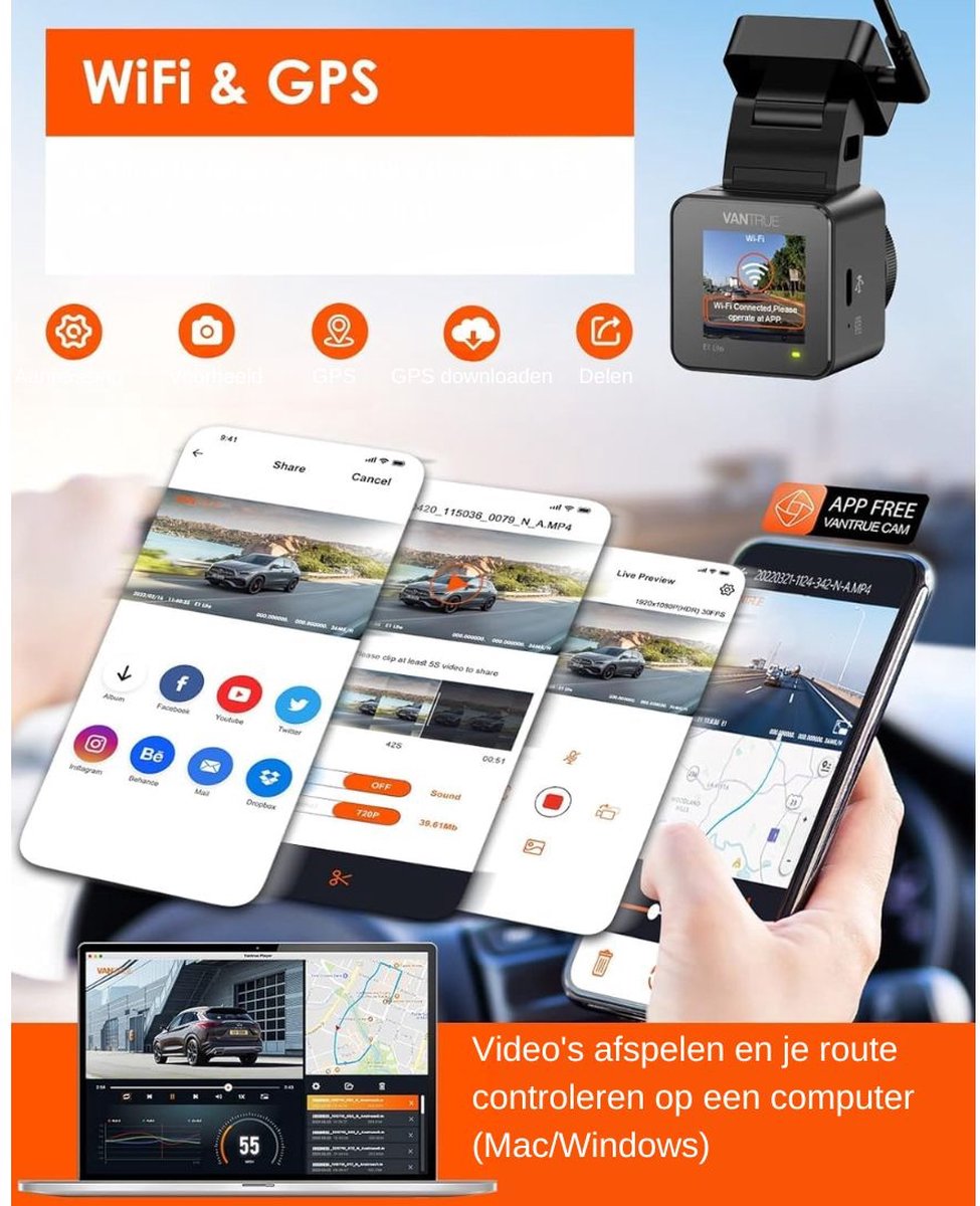 DD Dashcam voor Auto voor en Achter - Achter Draadloos - HDR Night Vision - 13x7x5cm - Zwart – foto 3
