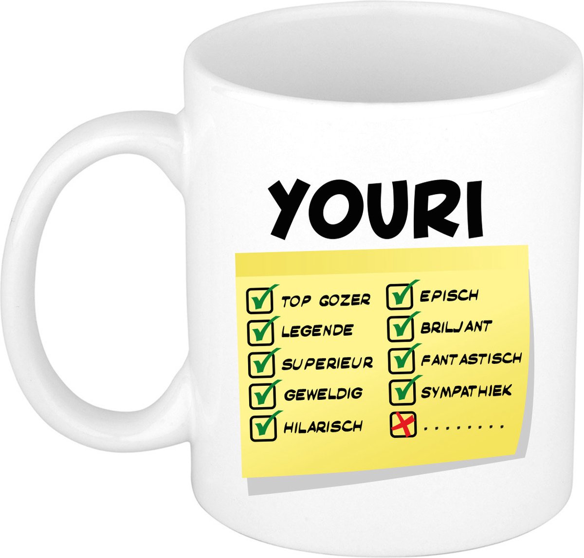 Bellatio Decorations Naam mok Youri - wit - top gozer - keramiek - 300 ml - cadeau collega beker
