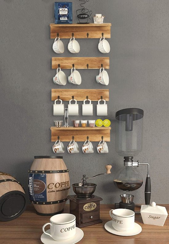 Support Mural Rustique à 5 Crochets Pour Tasses Et Verres - En Fer Noir, Avec Vis Adhésives, Idéal Cuisine Ou Bar
