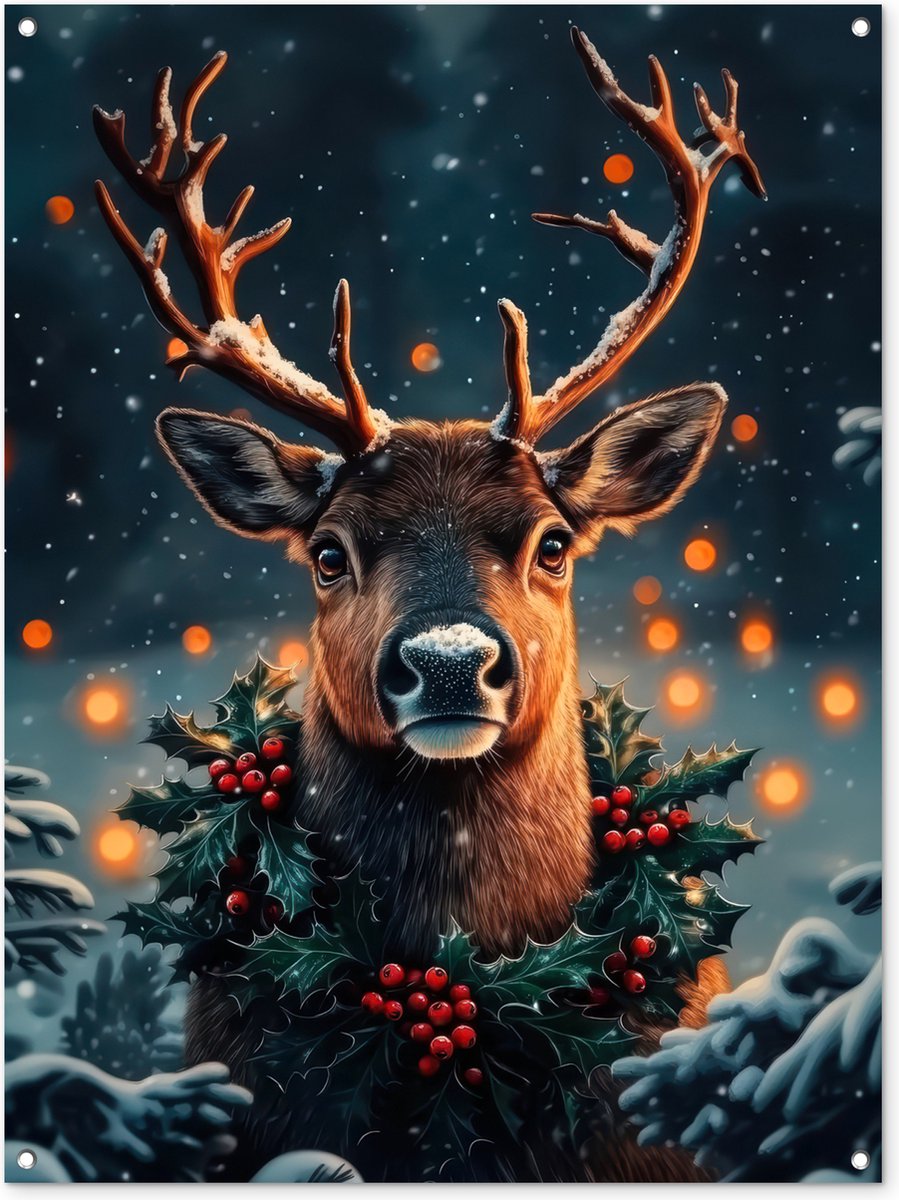 Tuinposter 90x120 cm met afbeelding van een hert, kerstkrans en sneeuw, ideaal voor tuindecoratie in de winter.