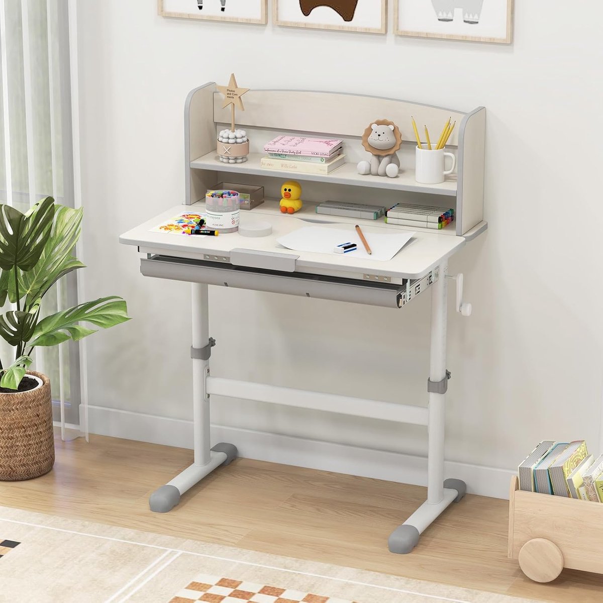 Kinderbureau met stoel TUTTO in wit/grijs, in hoogte verstelbaar en kantelbaar met lade en penster, bureau in hoogte verstelbaar voor kinderen, tafel met kantelbaar werkblad met rugzakhouder