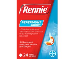 Rennie Pepermunt Kauwtabletten | 24 stuks | Verlicht Snel Brandend Maagzuur en Zure Oprispingen | Neutraliseert Overtollig Maagzuur | met Pepermunt Smaak | voor 12 Jaar en Ouder