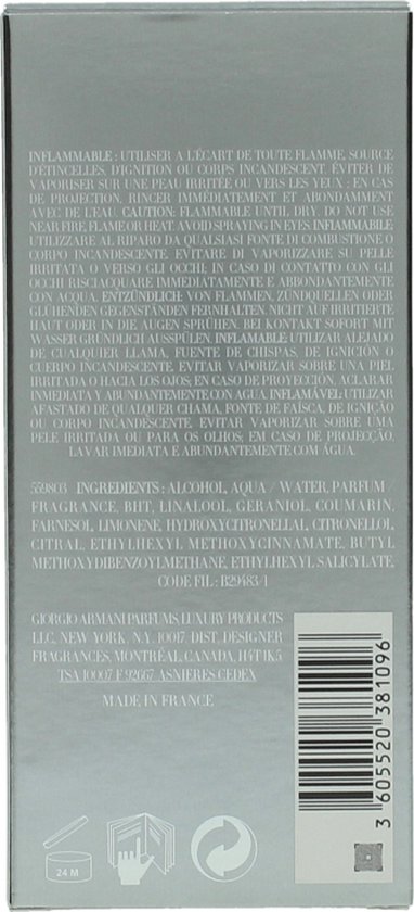 Zijde van de parfumdoos met ingrediëntenlijst en barcode.