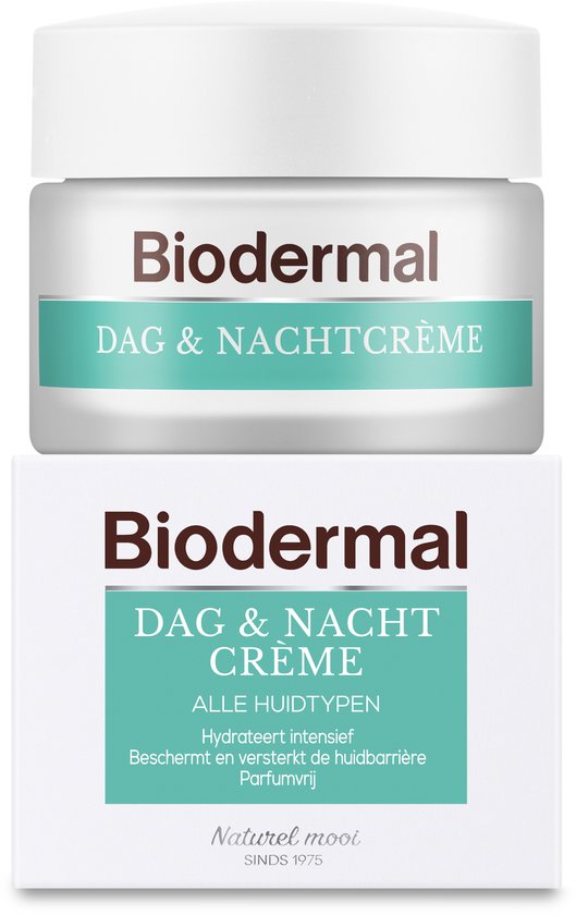 Potje en doosje Biodermal Dag & Nachtcrème, met groene en witte opdruk.
