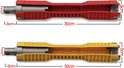 Rode en gele kraansleutels met maten 30cm, 3cm en 2cm, en 5cm breedte.