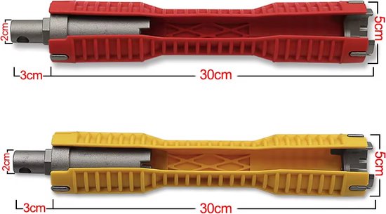 Rode en gele kraansleutels met maten 30cm, 3cm en 2cm, en 5cm breedte.
