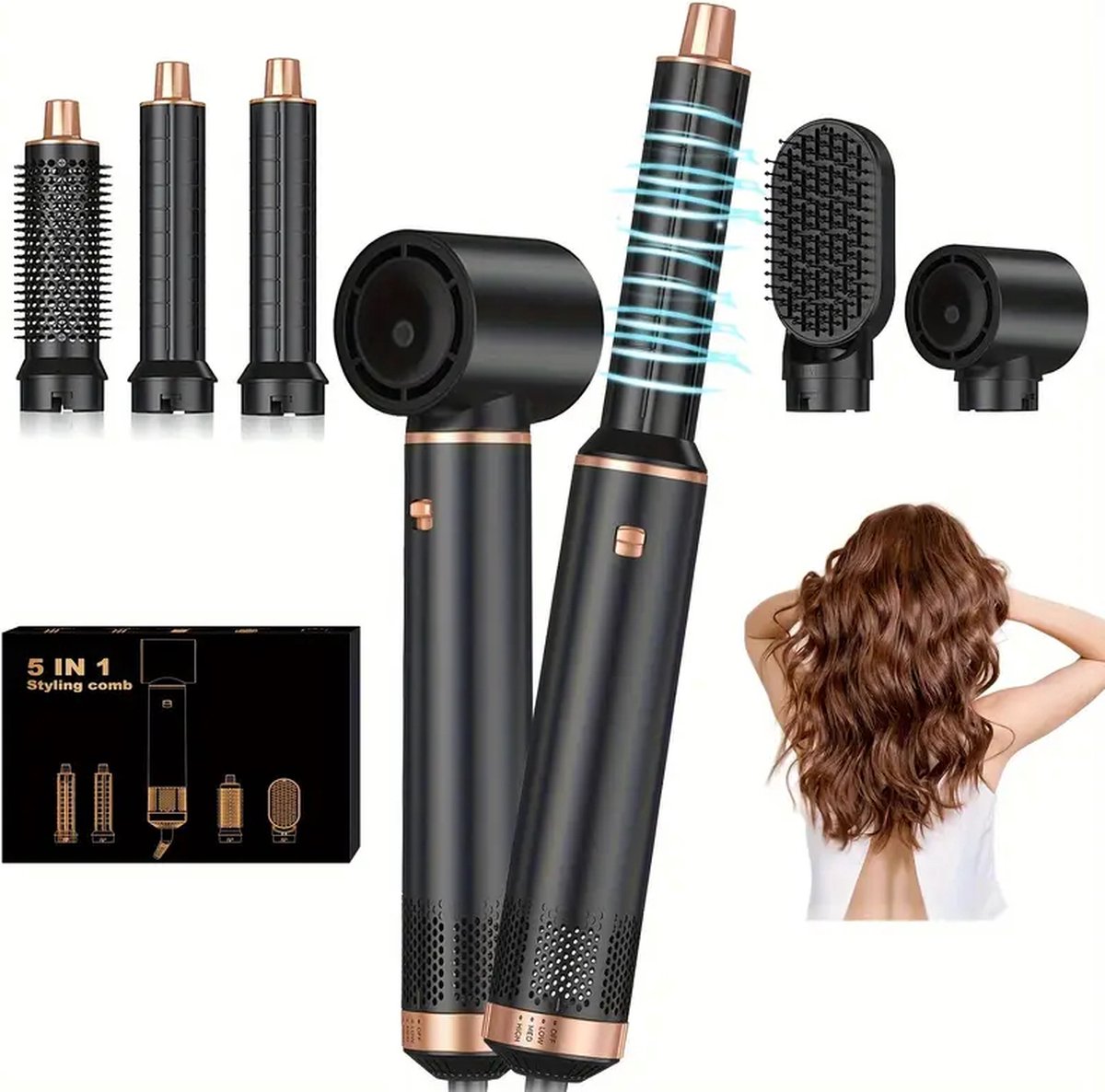 MazrekuHome® - Fohnborstel - 5-in-1 Multifunctionele Hot Air Brush - 800W Thermische Styler - Met verwisselbare bevestigingen