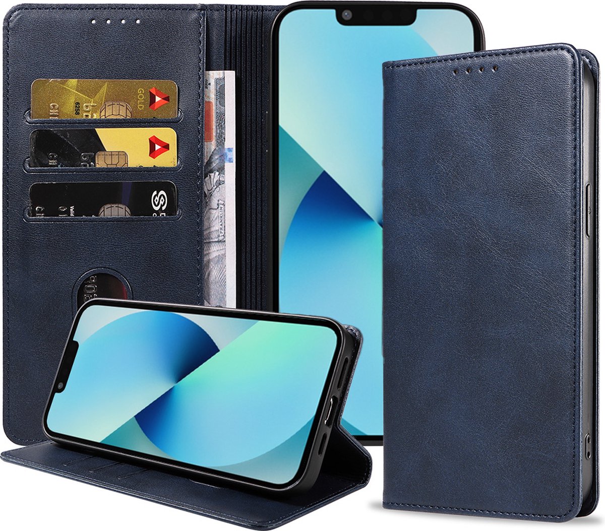 Smartphonica iPhone 13 kunstleren hoesje met magnetische sluiting en pashouders book case - Blauw geschikt voor iPhone 13