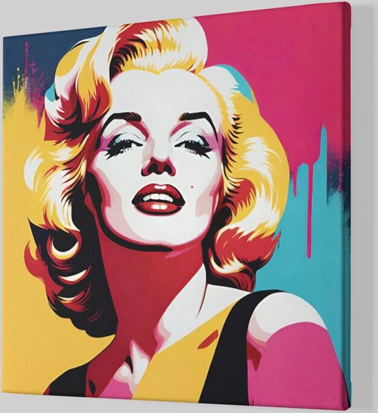 Kleurrijke pop-art van Marilyn Monroe met blonde krullen en rode lippen, op een gele, roze en blauwe achtergrond.