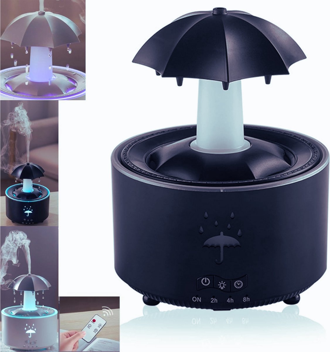 Goedkoopste Umbrella Luchtbevochtiger Met Regen Effect - 7-Kleur LED Aromatherapie Diffuser - Waterdruppels En Timer Instellingen (Zwart
