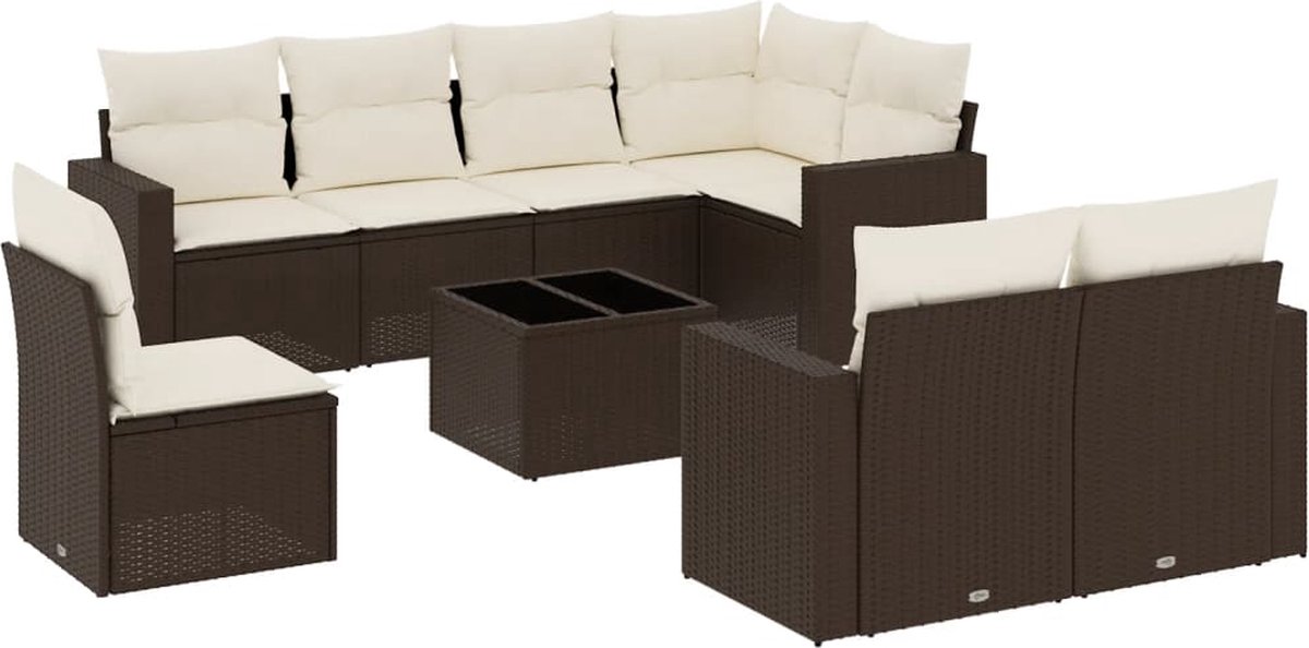 vidaXL 9-delige - Loungeset - met - kussens - poly - rattan - bruin