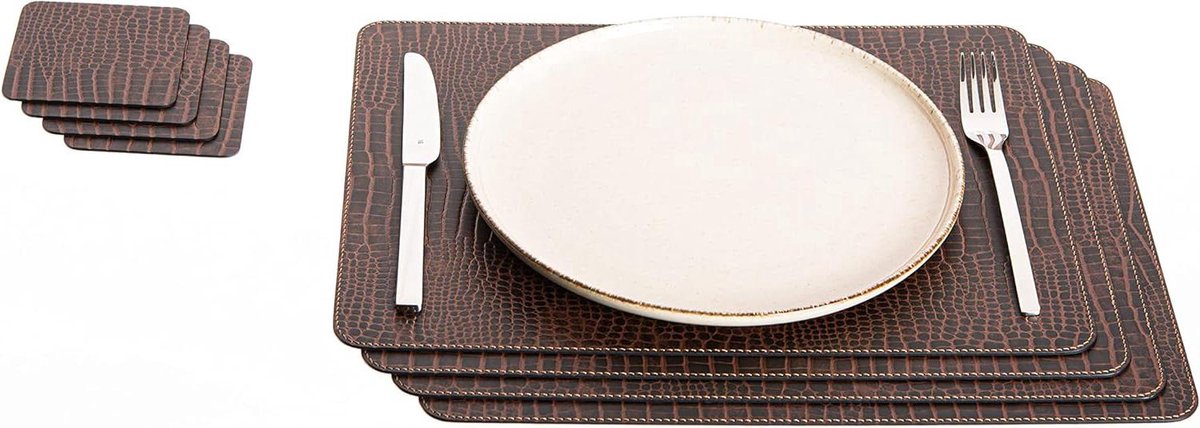 Placemats en Onderzetters Set - Gerecycled Leer - 8 Stuks - Zwart - 40 x 30 cm