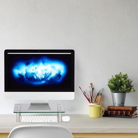 deleyCON Monitor Standaard Basis Verhoging Beeldschermstandaard 20 Kg 2 Voeten Monitorstandaarden Glas Plaat Bureaubevestiging Laptoptafel TV-Scherm PC Wit