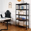 Zwarte stellingkast in een kantoor, gevuld met boeken, manden en decoratie.