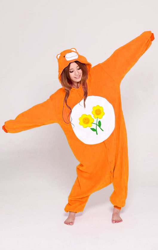 KIMU Onesie Oranje Troetelbeer Pak - Maat L-XL - Troetelberenpak Beer Kostuum Friend Bloemen - Berenpak Jumpsuit Huispak Volwassenen Carnaval Carnavalspak