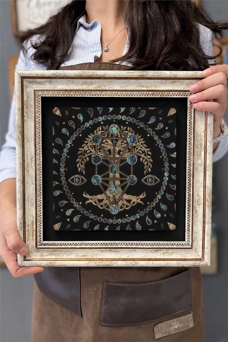 Ingelijst Schilderij natuursteen Levensboom Zwart - Kunst - 30x30 cm - Muurdecoratie – Wanddecoratie - Tegel kunst - Woonaccessoires - Muurdecoratie – Valentijn cadeautje voor hem haar -Verjaardagscadeau