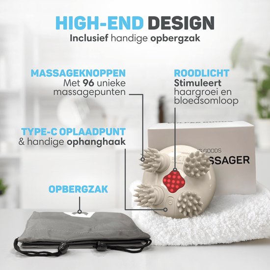 Witte hoofdmassager met grijze massagekoppen, rood licht, oplaadpunt en opbergzak.
