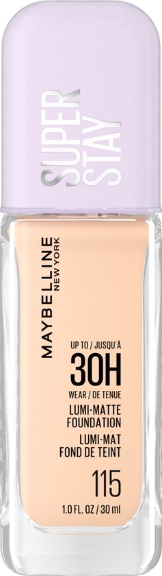 Flesje Maybelline Super Stay Lumi-Matte Foundation, nummer 115, in pastelpaars en lichtoranje verpakking.