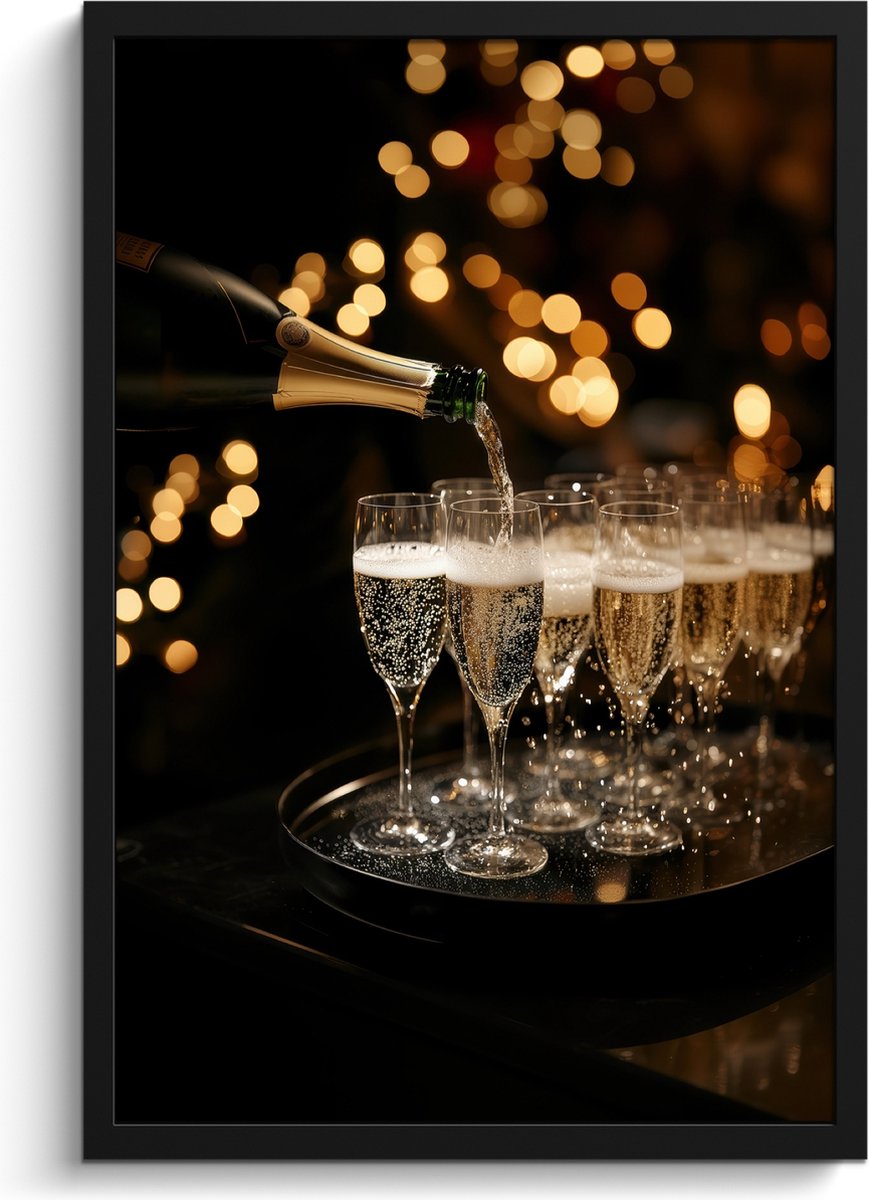 FrameYourWall Fotolijst inclusief poster - Posterlijst 40x60 cm - Posters - Lichtjes - Champagne - Dienblad - Glazen - Foto in lijst - Keuken decoratie muur - Wanddecoratie accessoires - Muurdecoratie - Schilderijen Champagne - Glazen