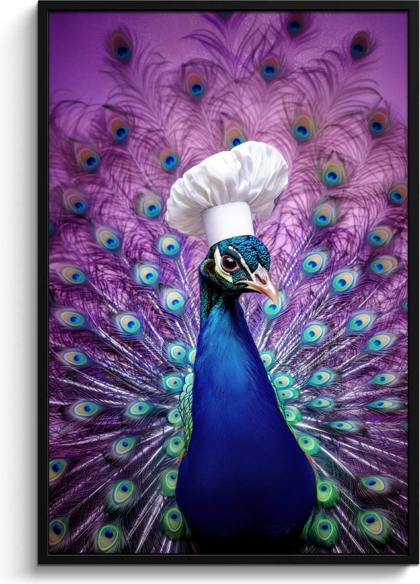 FrameYourWall Fotolijst inclusief poster - Posterlijst 80x120 cm - Posters - Pauw - Koksmuts - Cool - Paars - Foto in lijst - Keuken decoratie muur - Wanddecoratie accessoires - Muurdecoratie - Schilderijen Koksmuts - Pauw