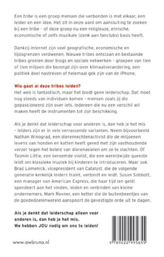 Achterkant van het boek 'Tribes' van Seth Godin, met tekst en een streepjescode.