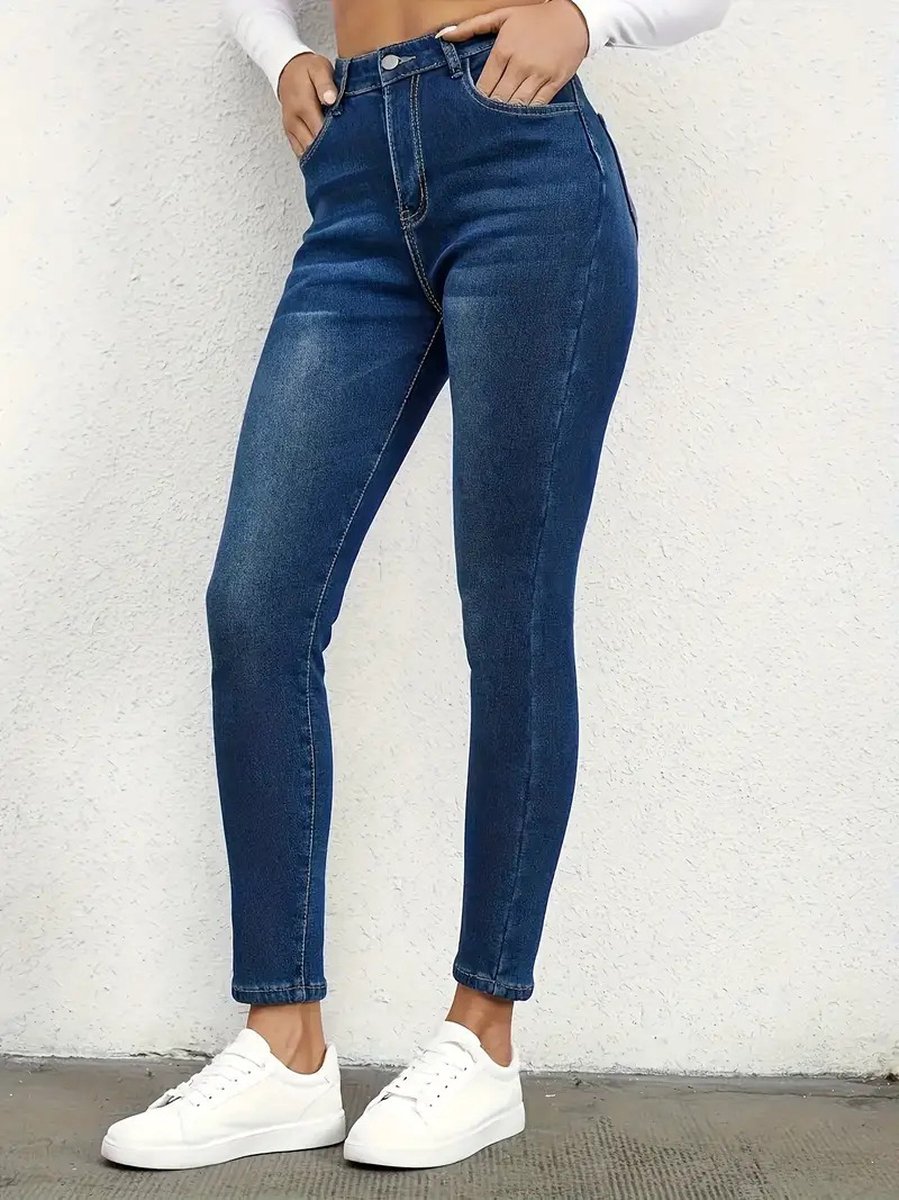Womens wijde pijpen fleece gevoerde jeans thermische winter warme denim broek hoge taille dikke baggy jeans, Blauw (fleece gevoerd), 44 Womens wijde pijpen fleece gevoerde jeans thermische winter warme denim broek hoge taille dikke baggy jeans, Blauw (fleece gevoerd), 44