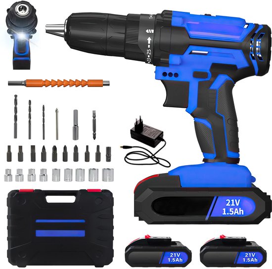 Schroevendraaier - Boor Machine - Draadloos - Met Koffer - Accessoires Set - 2 Snelheid Modus - 2 x Accu - Blauw