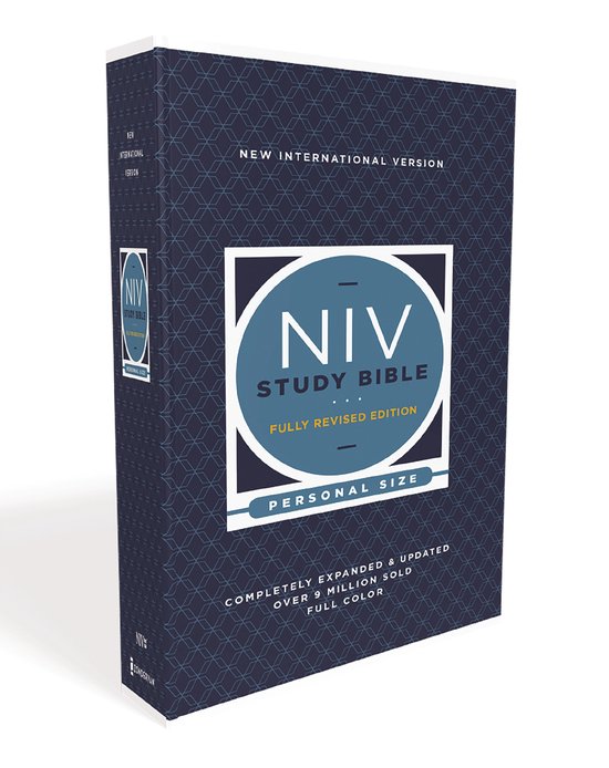 NIV Study Bible, Fully Revised Edition, Personal Size, avec une couverture bleu foncé à motif géométrique. Le haut indique 'New International Version'.