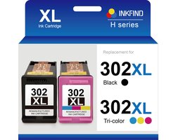 Cartouche d'encre INKFIND 302XL compatible avec HP302 HP302XL HP 302 HP 302XL F6U68AE F6U67AE - Haute capacité, lot de 2, Zwart et couleur
