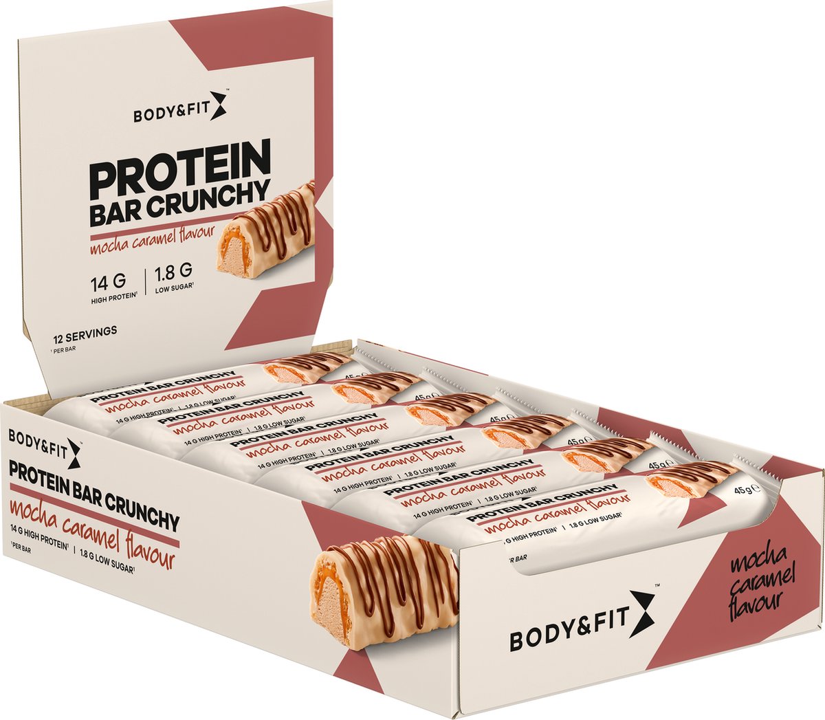 Goedkoopste Body & Fit Protein Bar Crunchy - Knapperige Eiwitreep - Proteïne Repen - Mokka Karamel - 540 gram (12 Eiwitrepen