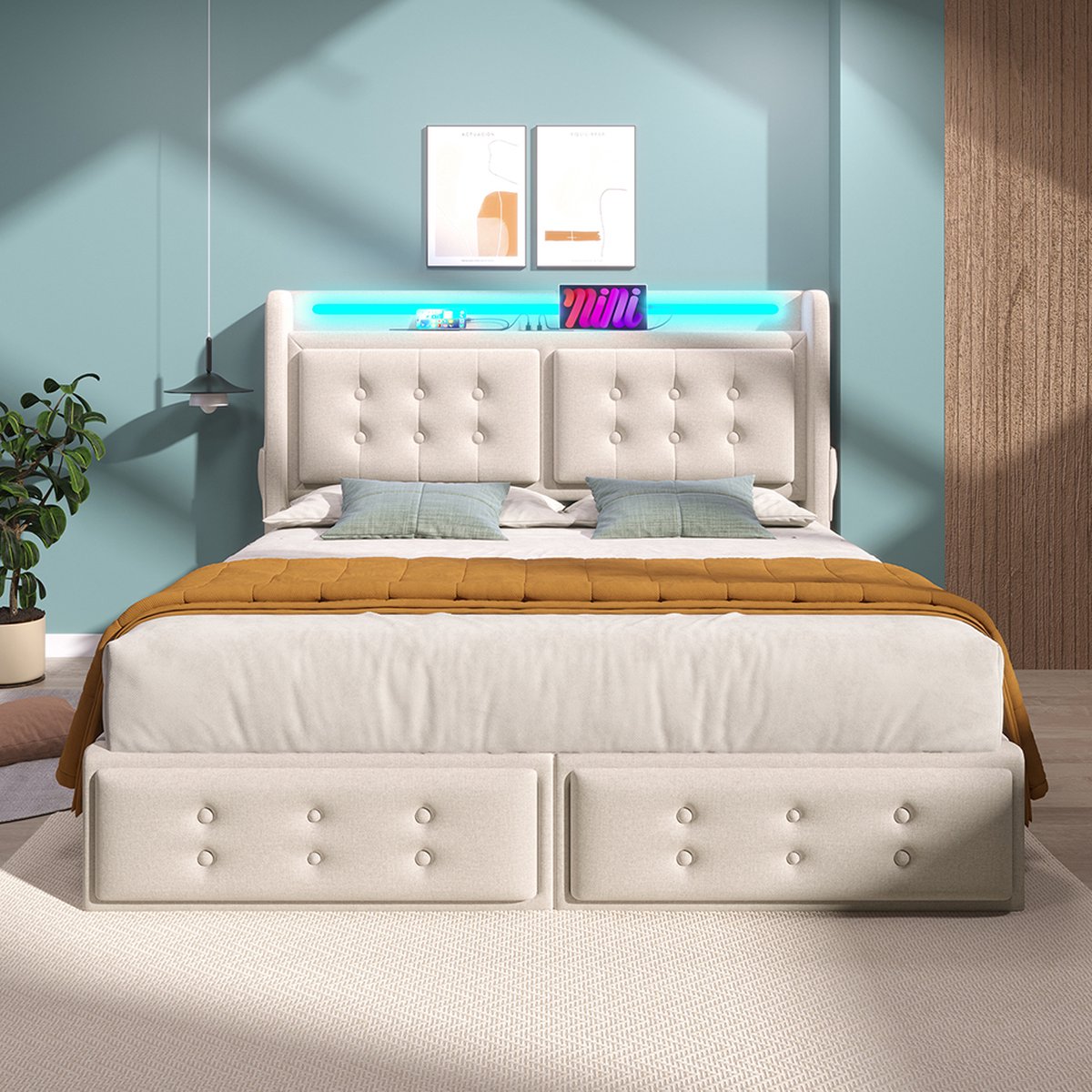KOMHTOM Tweepersoonsbed Volwassen bed 180x200 met Led-hoofdbord en USB C-oplaadfunctie en 4 laden Linnen Beige