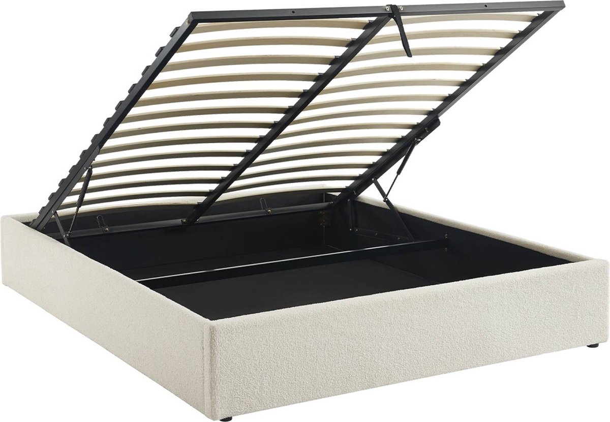 sweeek - Bed met lattenbodem en hoofdeinde, bouclé afwerking, wit