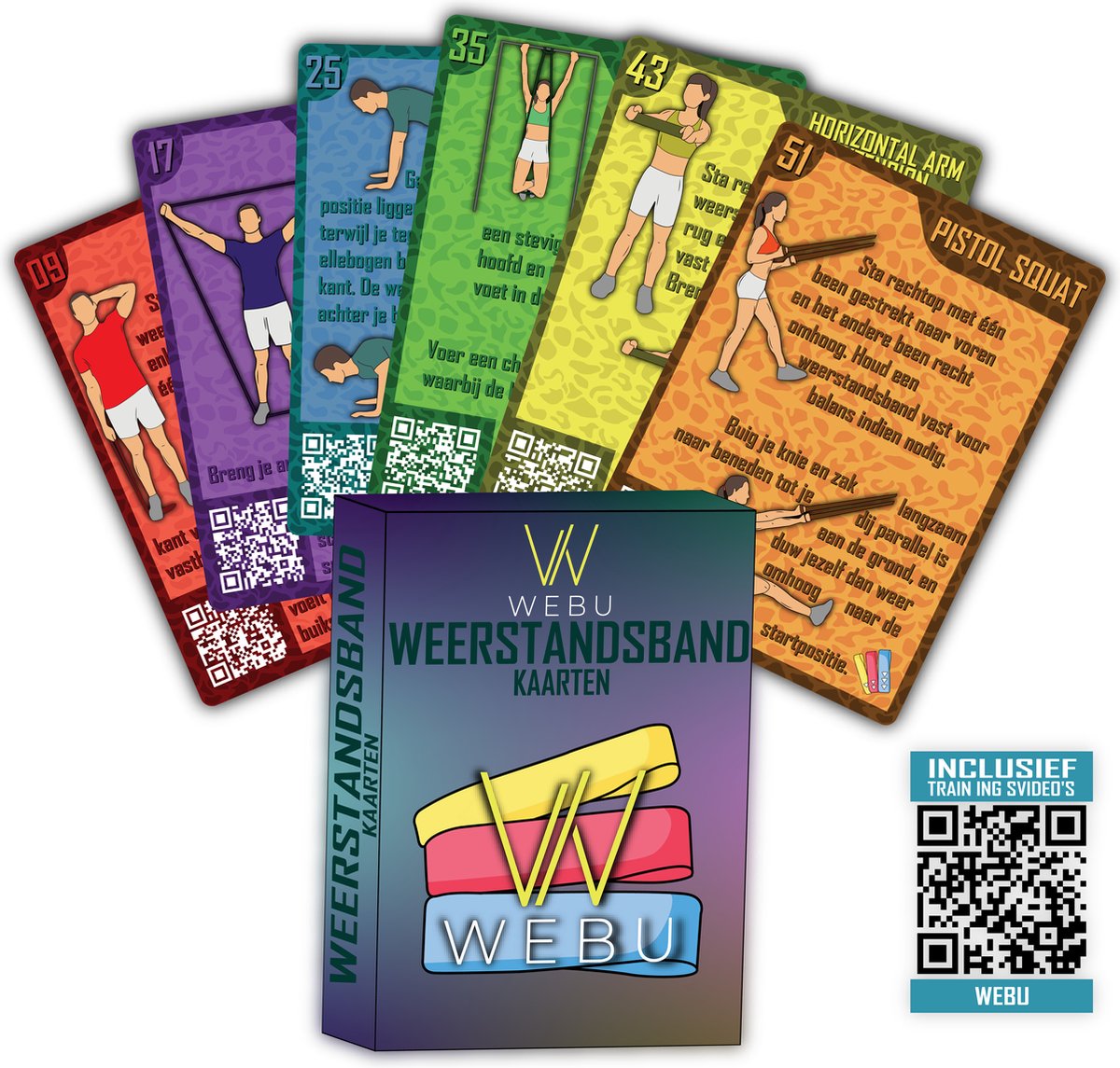 WEBU 51 Weerstandsband trainingskaarten - Resistance Bands - Workout - Fitness – Crossfit - Thuis Sporten – Krachttraining - Yoga - Incl. video's