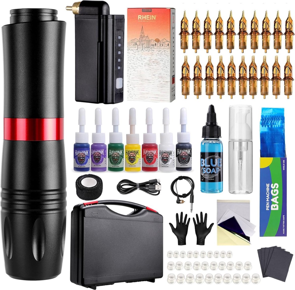 DD Tattoo Machine - Complete Set - Tattoo Pen - 20 Stuks Cartridge 7 Inkten - 18x9x4cm - Zwart