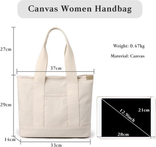 Sac fourre-tout en toile Sac à bandoulière léger pour femme - Sac à main hip Sac fourre-tout avec fermeture éclair