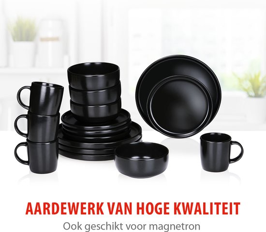 alpina Service de Vaisselle 16 Pièces - Service d'Assiettes 4 Personnes - Services de table en Faïence - Assiettes à petit-déjeuner, Assiettes plates, Bols et tasses - Passe au micro-ondes et au lave-vaisselle - Zwart