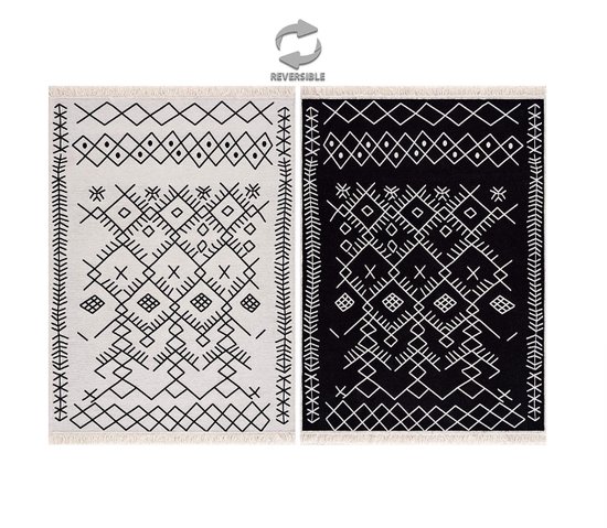 Omkeerbaar Gevlochten Vloerkleed met Design – Dubbelzijdig Tapijt met Handgeknoopte Franjes – 90% Katoen, 10% Polyester