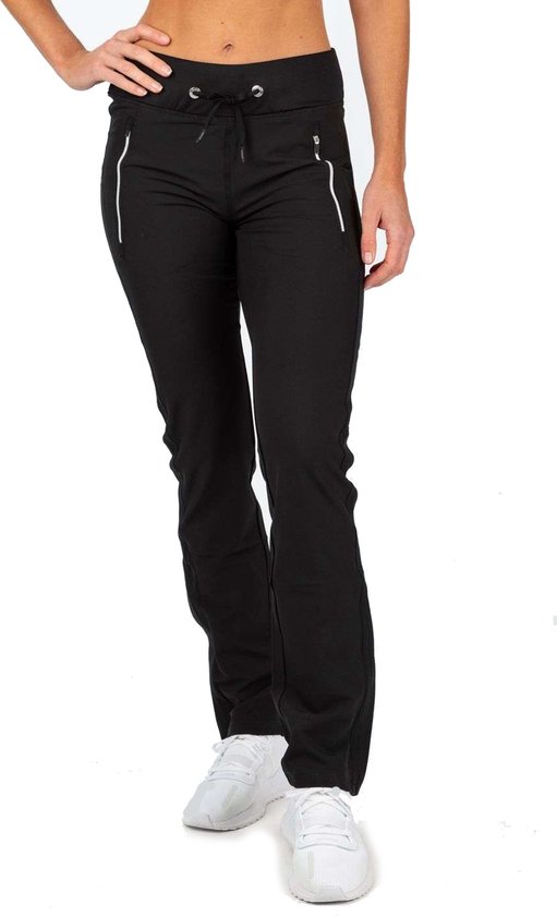 Zwarte stretch trainingsbroek voor dames met ritszakken aan de voorkant en enkelritsen.