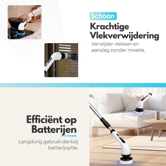 9-Delige Draadloze Elektrische Schrobborstel Set - Schoonmaakborstel met Verlengde Steel - 9 Schoonmaak Borstel Opzetstukken Set - Borstelset Waterbestendig IPX6 - Accu — afbeelding 5