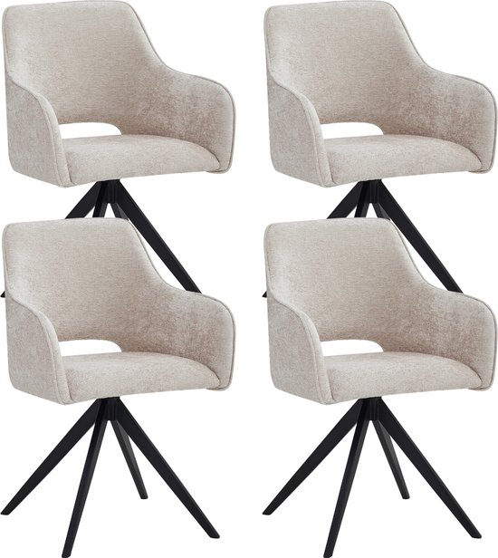 Colenis® - Chaise de salle à manger Emma - Set de 4 - Beige - Tissu chenille - Avec accoudoirs - Chaise