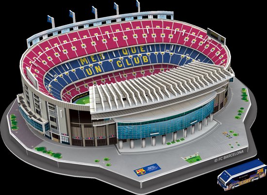 3D puzzel van het Spotify Camp Nou stadion, gedetailleerd, met busje en FC Barcelona logo's.