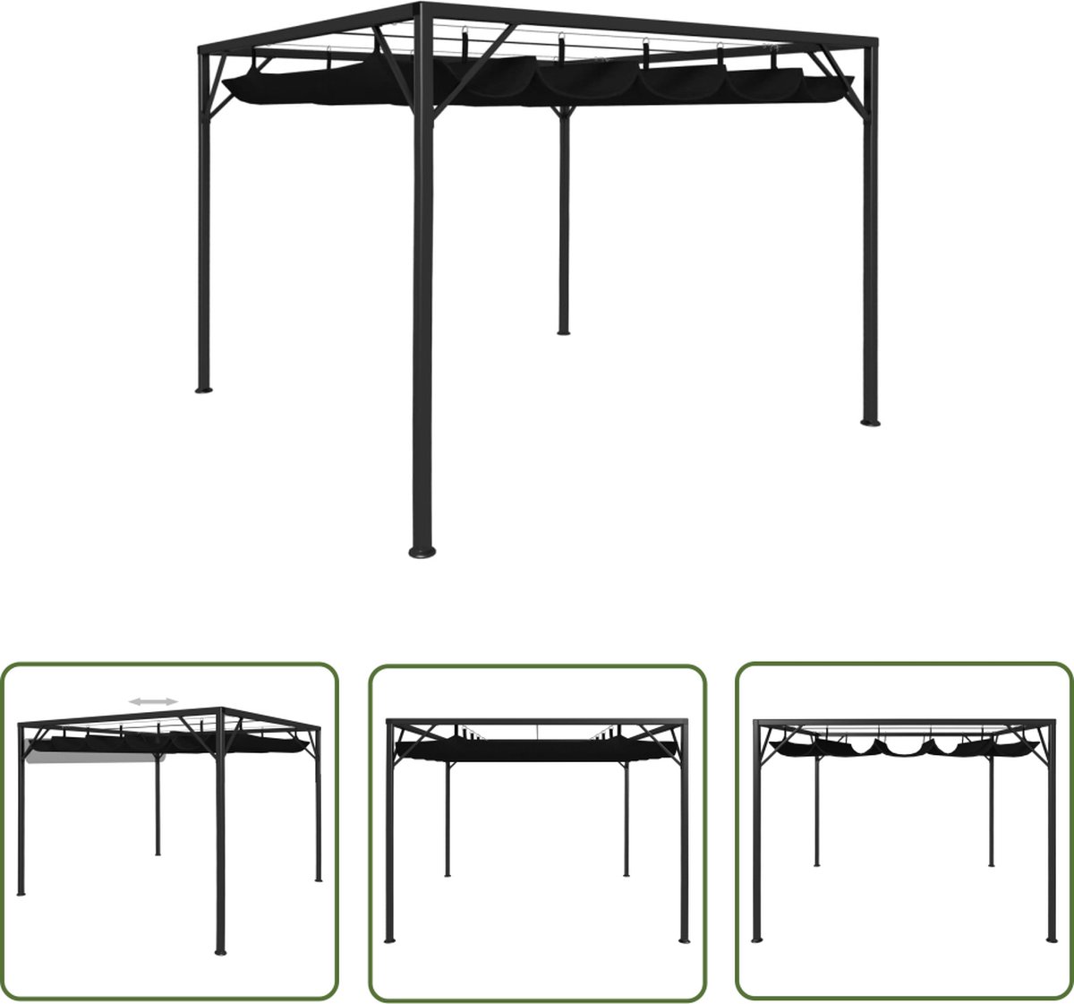 Tuinprieel met uittrekbaar dak in antraciet, 3x3 m - Stijlvolle tuinkamer met parasol en zonwering.