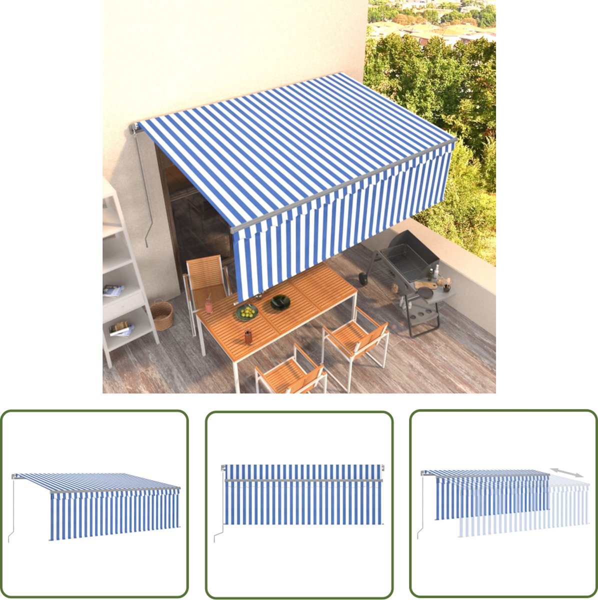 Handmatig uittrekbare buitenluifel in blauw-wit met LED-verlichting, 4x3 meter, van The Living Store.
