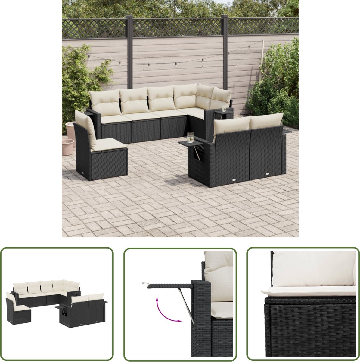The Living Store 8-delige Loungeset met kussens poly rattan zwart - Loungebank - Tuinset - Lounge Set - Buitendecoratie - Outdoor Furniture