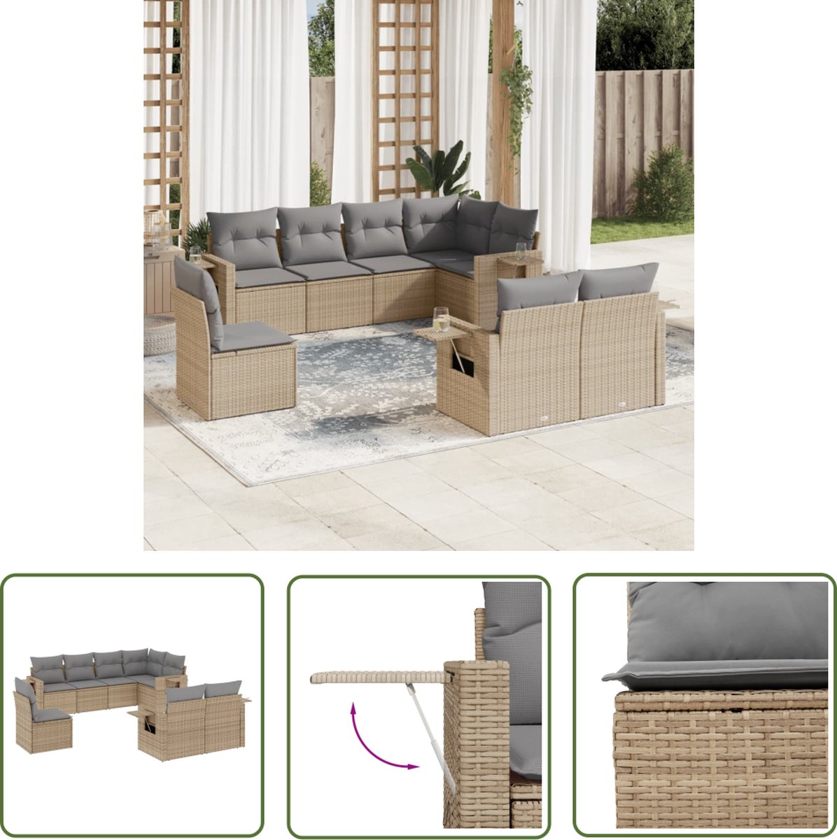 Poly rattan loungeset in beige met kussens - The Living Store.