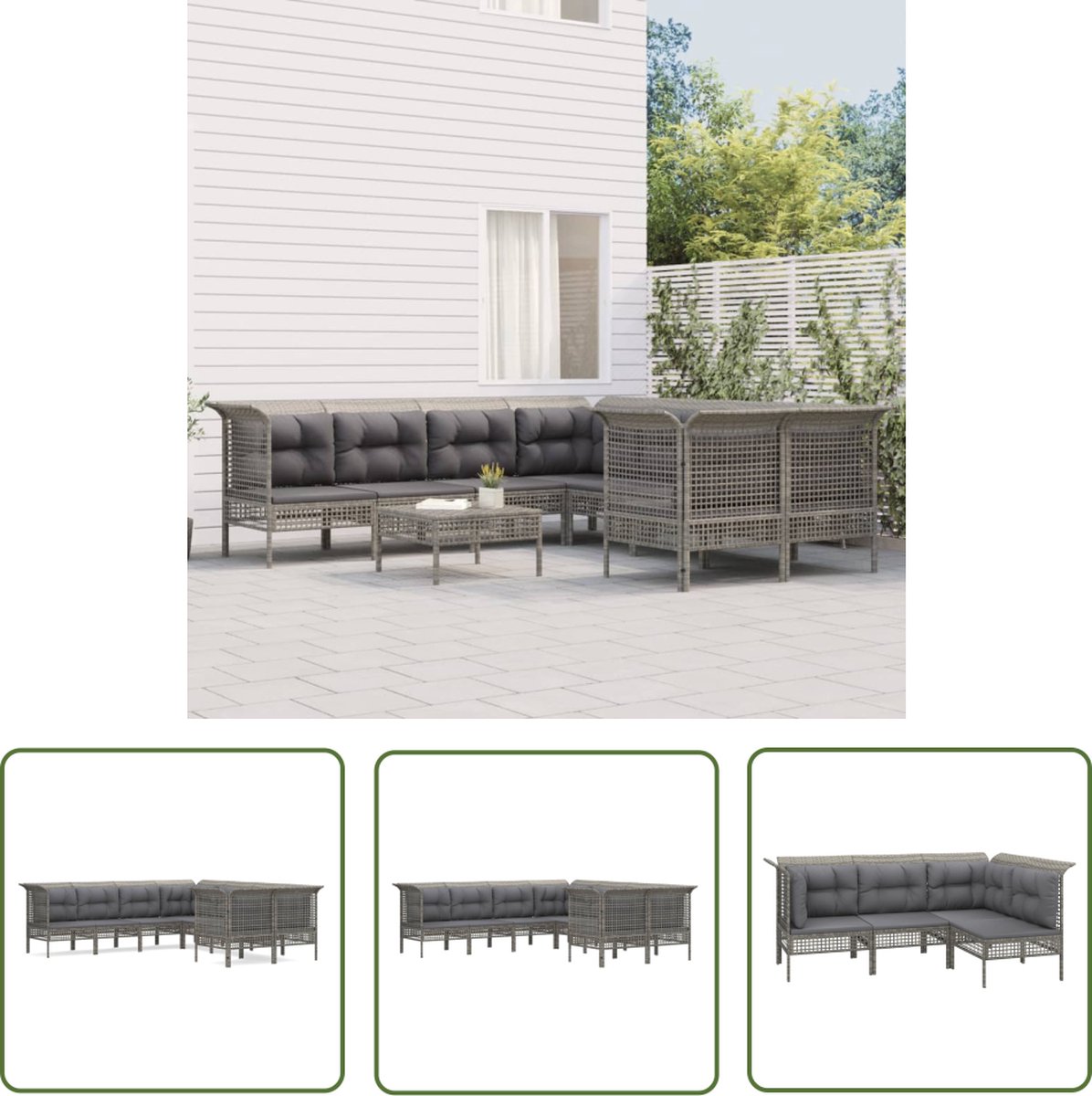 Grijze poly rattan loungeset met kussens voor buiten - Tuinmeubels.