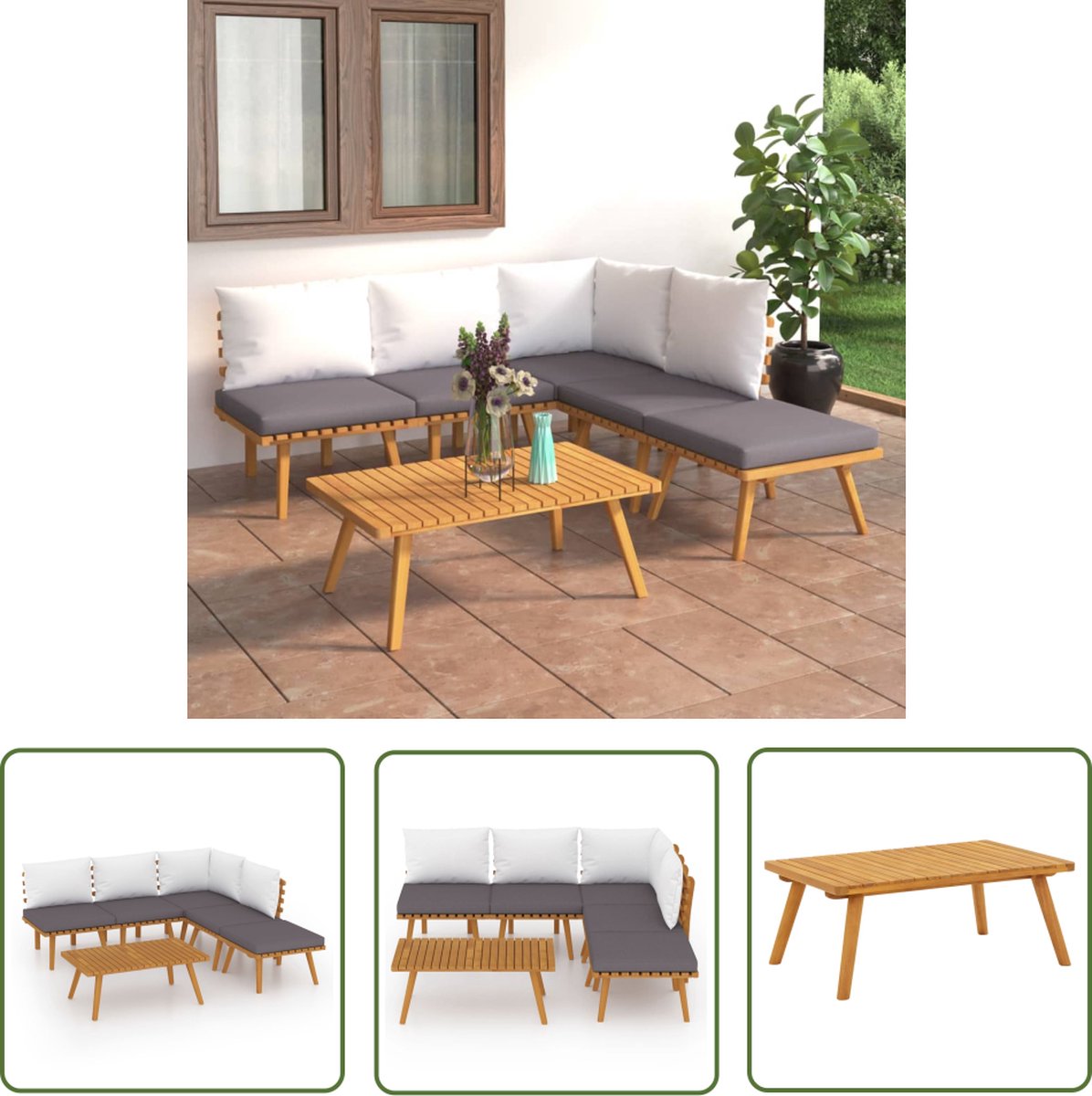 The Living Store 6-delige Loungeset met kussens massief acaciahout - Tuinlounge - Lounge Set - Buitenkamer - Acacia Hout - Loungestoel